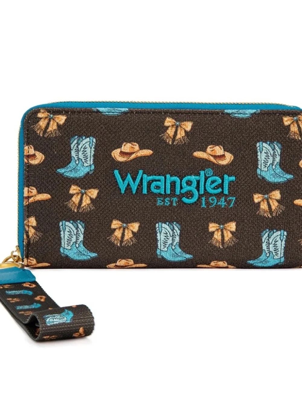 Wrangler Western Print RFID Blocking Zippered Wallet Coffee